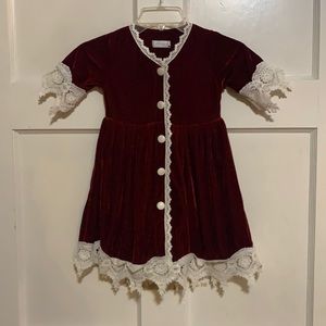 Elegant Burgundy Velvet Kids Dress with Lace Trim